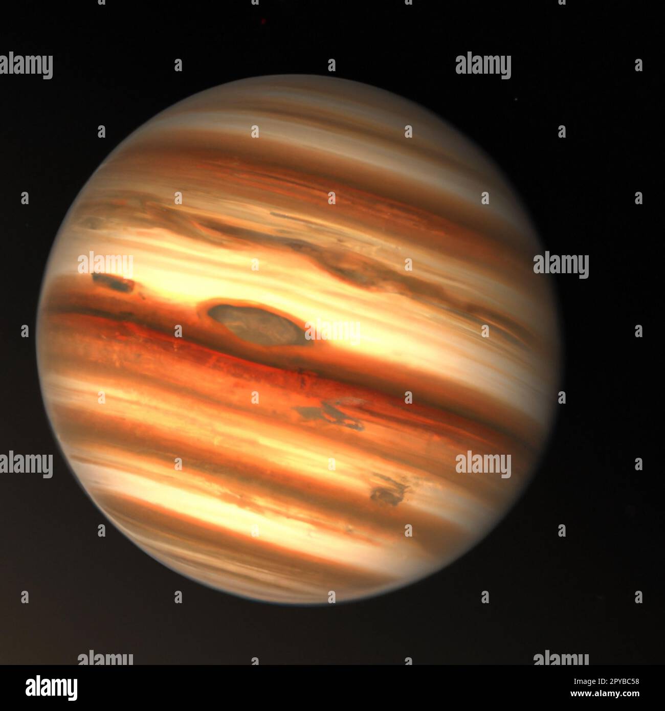 Jupiter is the largest planet in the solar system and the fifth furthest from sun. Along with Saturn, Jupiter is classified as a gas giant. The Great Red Spot is a giant storm. Cosmology and physics. Stock Photo