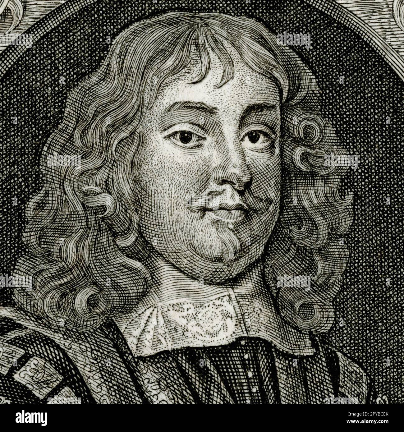 Edward Hyde (1609-1674), 1st Earl of Clarendon, whose ‘History of the Rebellion and Civil Wars in England’ was the first detailed eyewitness account of the period. Square detail of engraving created, after a portrait by Sir Peter Lely (1618-1680), for the 1740 edition of Clarendon's ‘History’.  The full title of Clarendon’s ‘History’ is often shortened to ‘Clarendon’s Rebellion’. Stock Photo