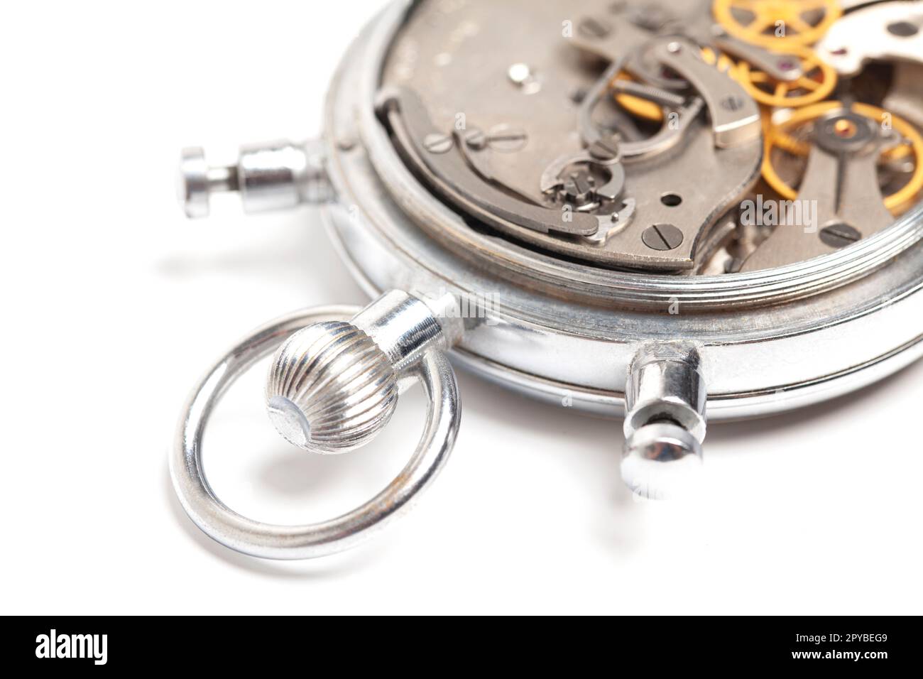 Mechanism, clockwork of a stopwatch closeup. Time, work concept Stock
