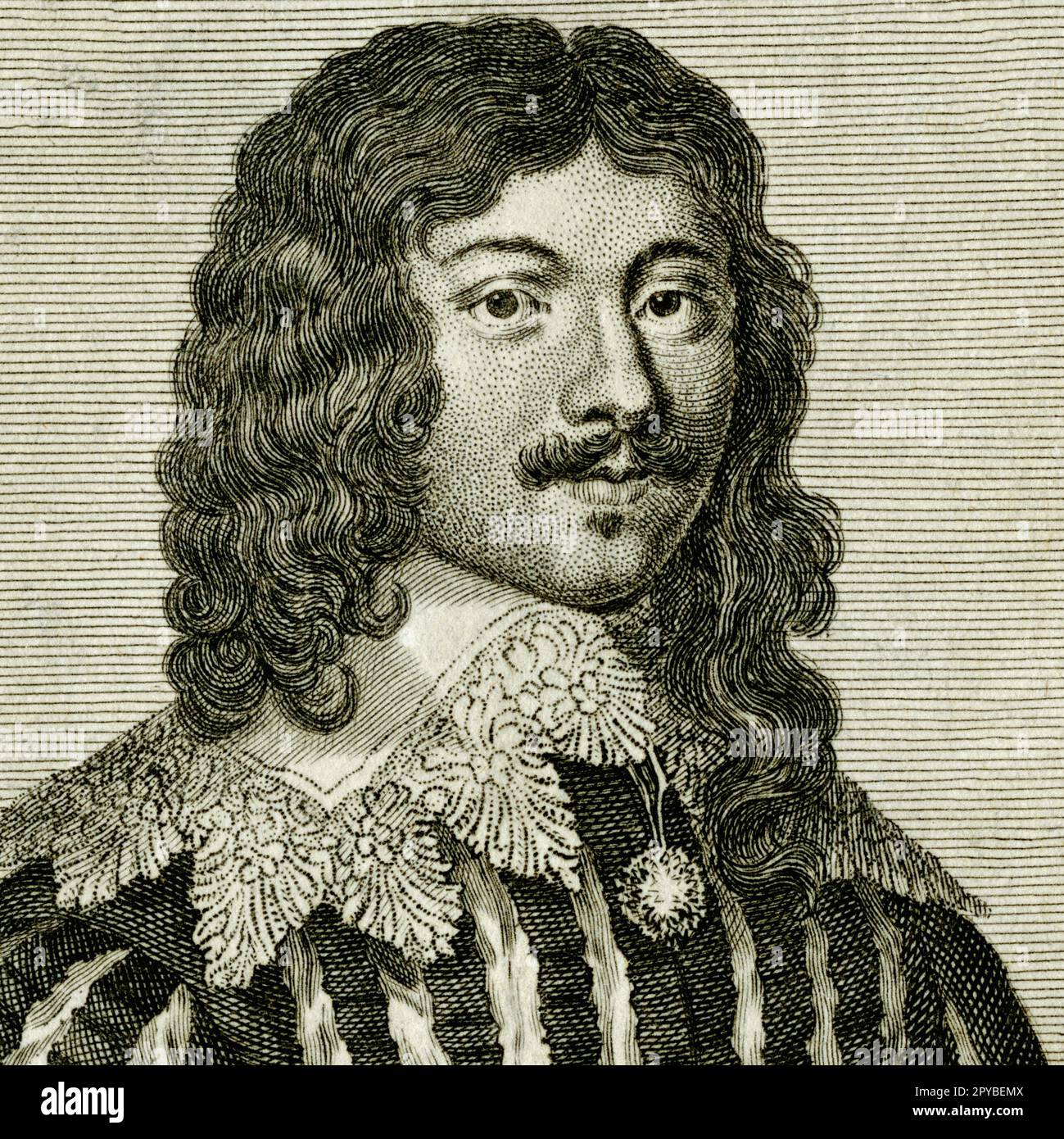 Lucius Cary (1610-1643), 2nd Viscount Falkland, author, idealist, intellectual and politician, who despite being a man of peace fought and died for the royalist cause in the first English Civil War. Square detail of engraving created in the 1700s by Guillaume Philippe Benoist (1725-1770), after a portrait by an unknown artist. Stock Photo
