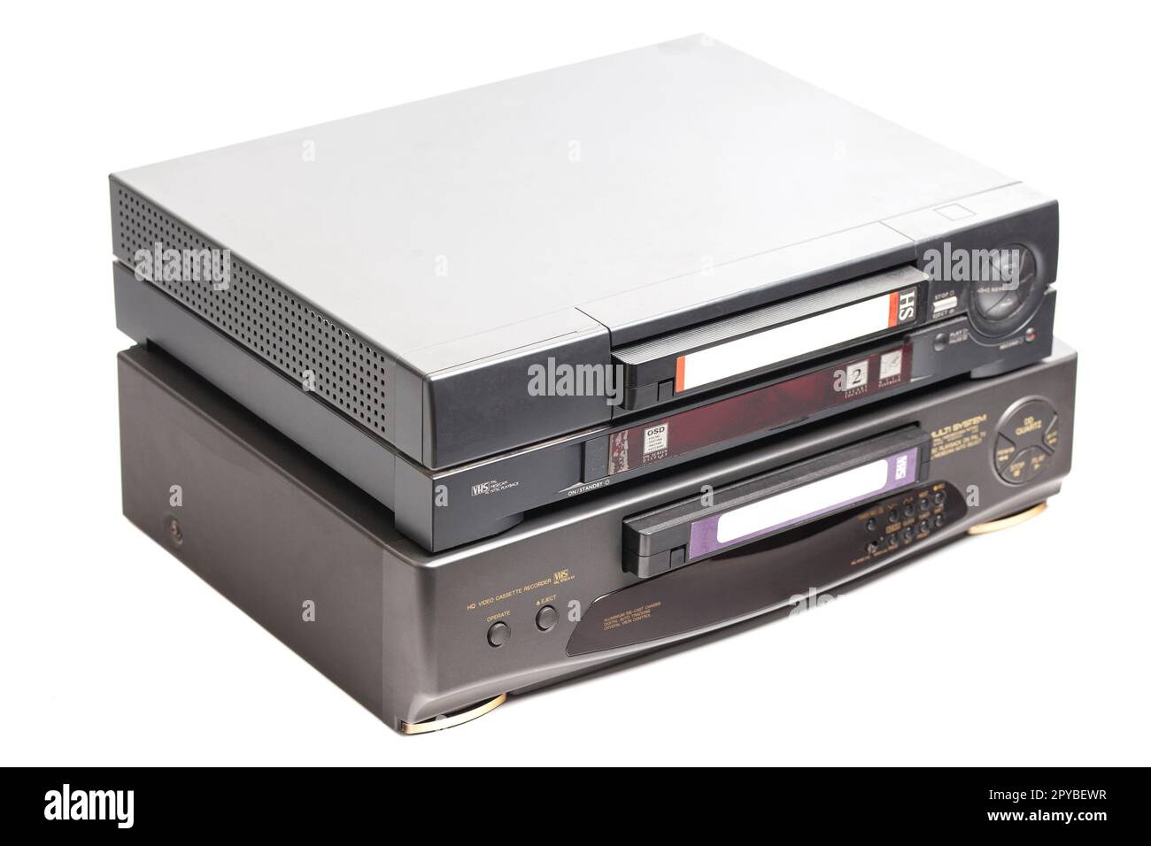 Old video cassette recorder with VHS video tape cassette isolated on white background Stock
