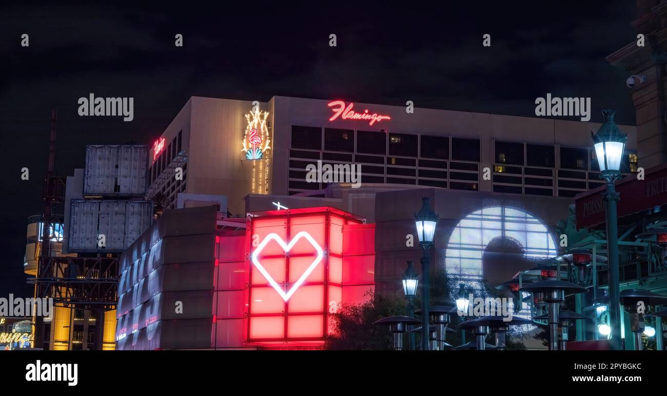 Flamingo Las Vegas Resort and Casino and CVS Pharmacy lights at night