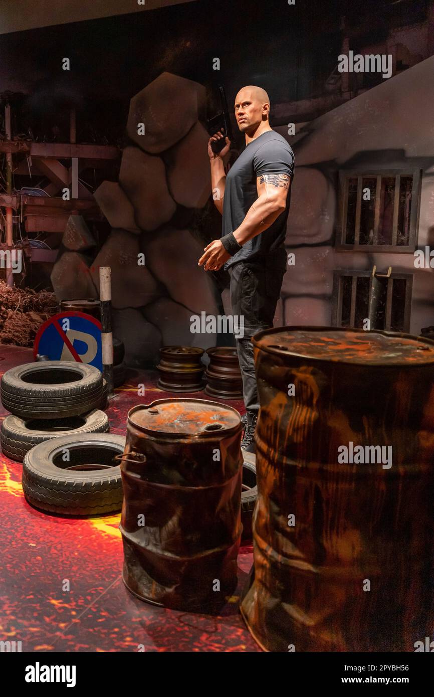 Shah Alam, Malaysia - April 17,2023 : Dwayne Douglas Johnson's wax figure displayed at Red Carpet 2 in I-City Shah Alam. Stock Photo