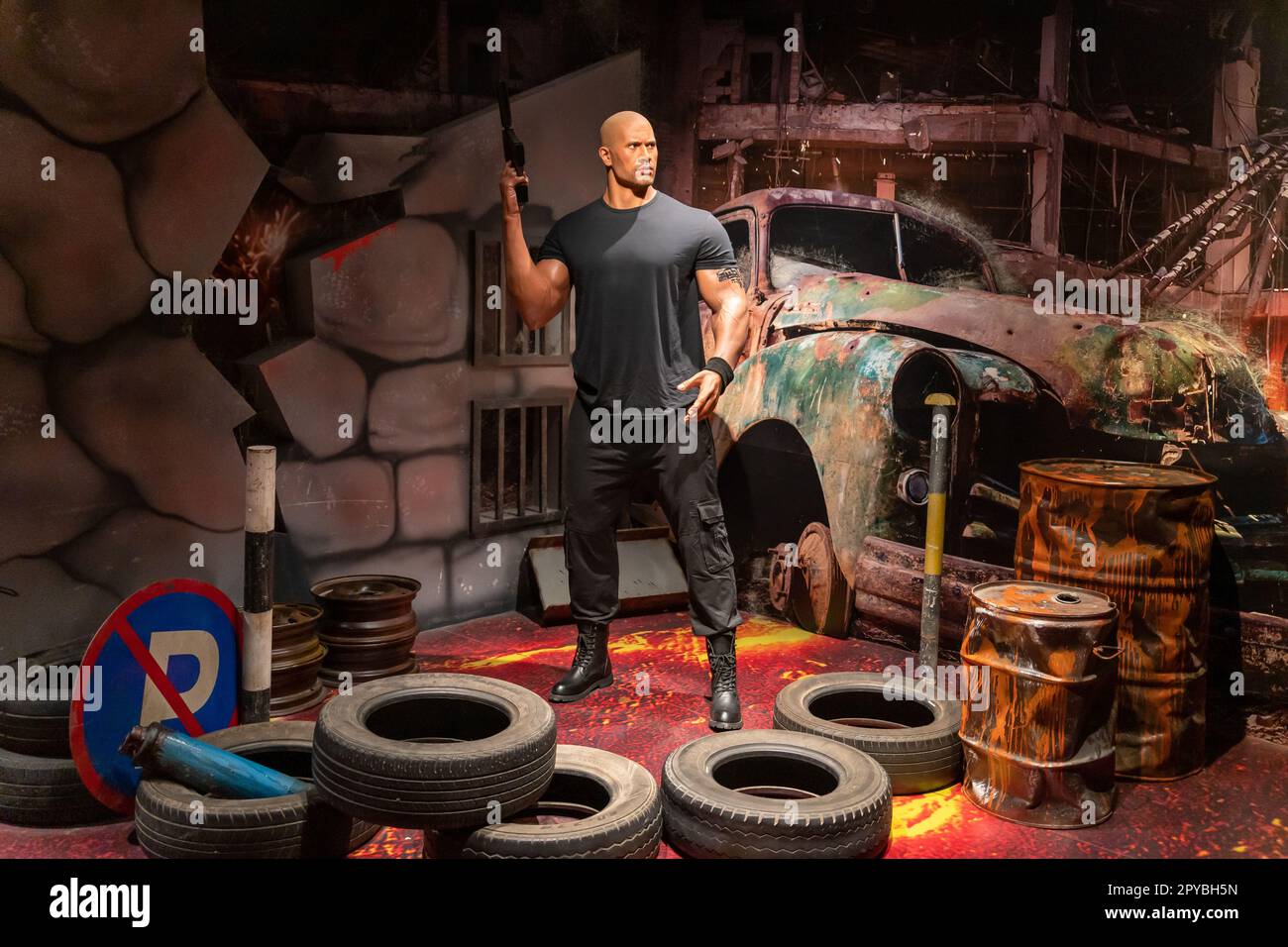 Shah Alam, Malaysia - April 17,2023 : Dwayne Douglas Johnson's wax figure displayed at Red Carpet 2 in I-City Shah Alam. Stock Photo