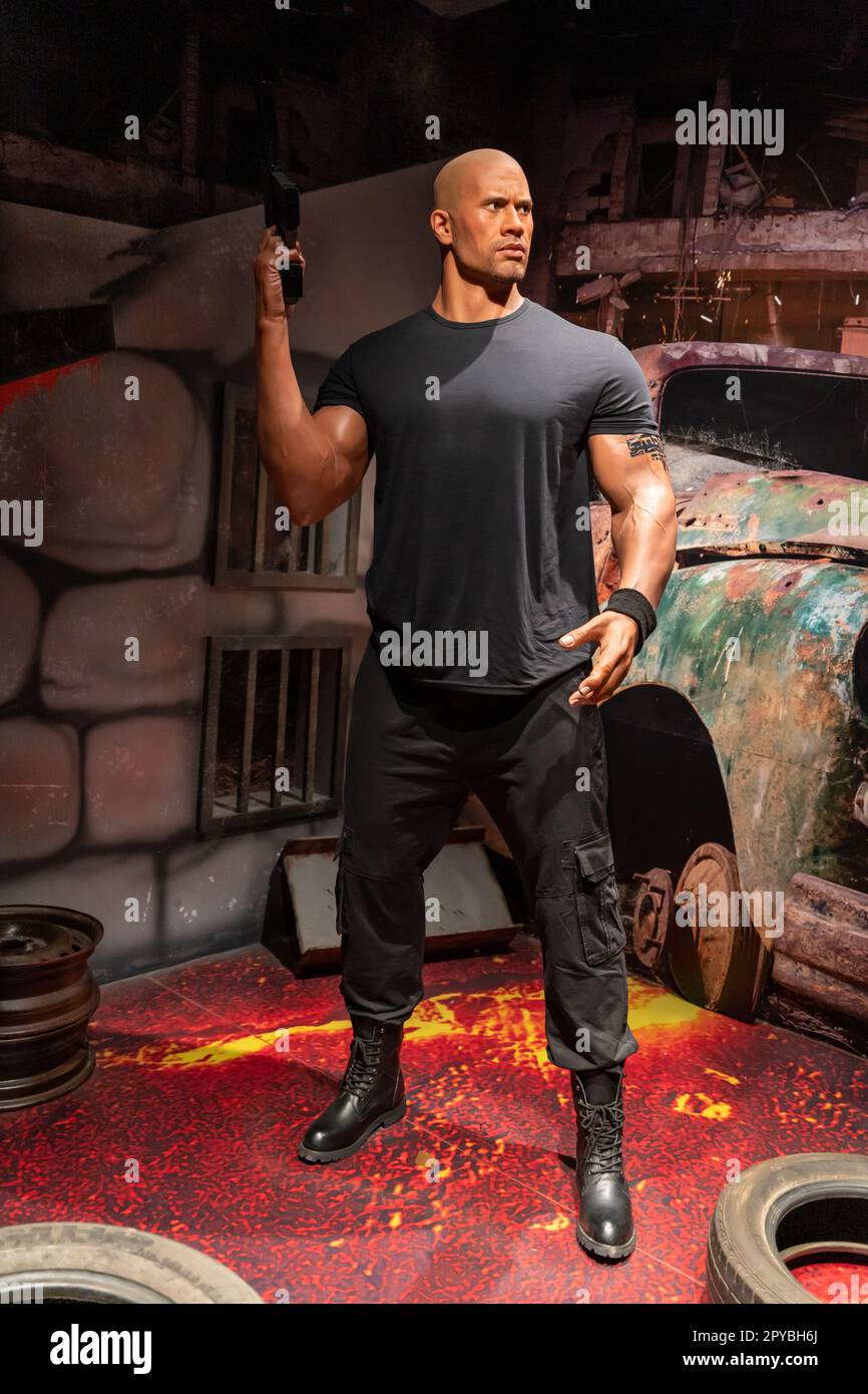 Shah Alam, Malaysia - April 17,2023 : Dwayne Douglas Johnson's wax figure displayed at Red Carpet 2 in I-City Shah Alam. Stock Photo