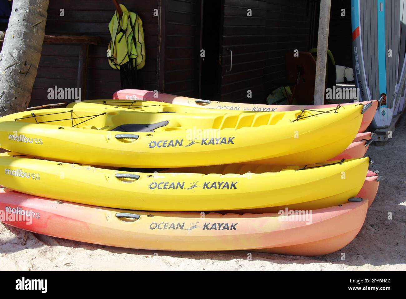 ocean kayaks on the beach Stock Photo