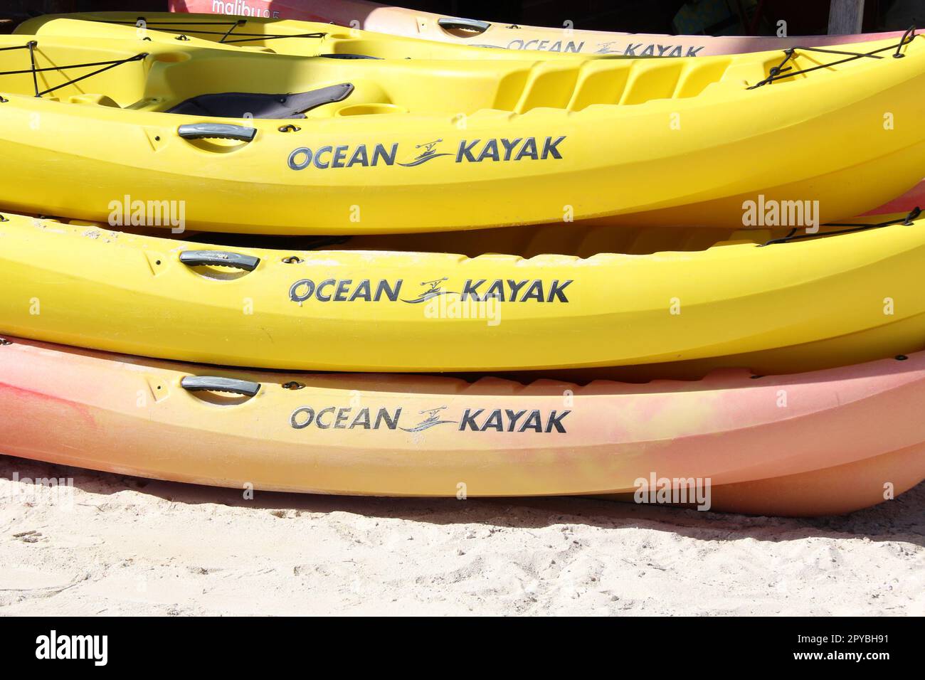ocean kayaks on the beach Stock Photo