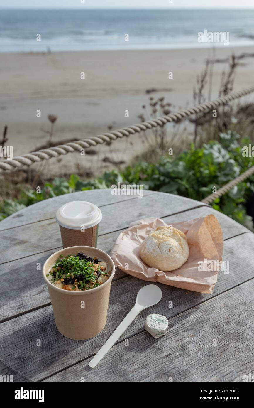 Seafood Chowder at the Hidden Hut on the 30th October 2022 at Porthcurnick Beach, Cornwall, England. Credit: SMP News Stock Photo