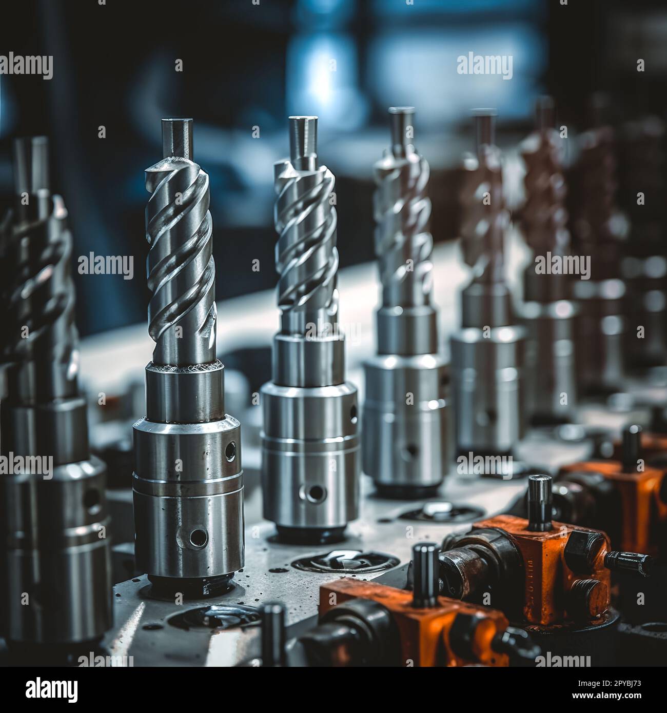 detail of mechanical elements machined by cnc machinery 3d render Stock Photo