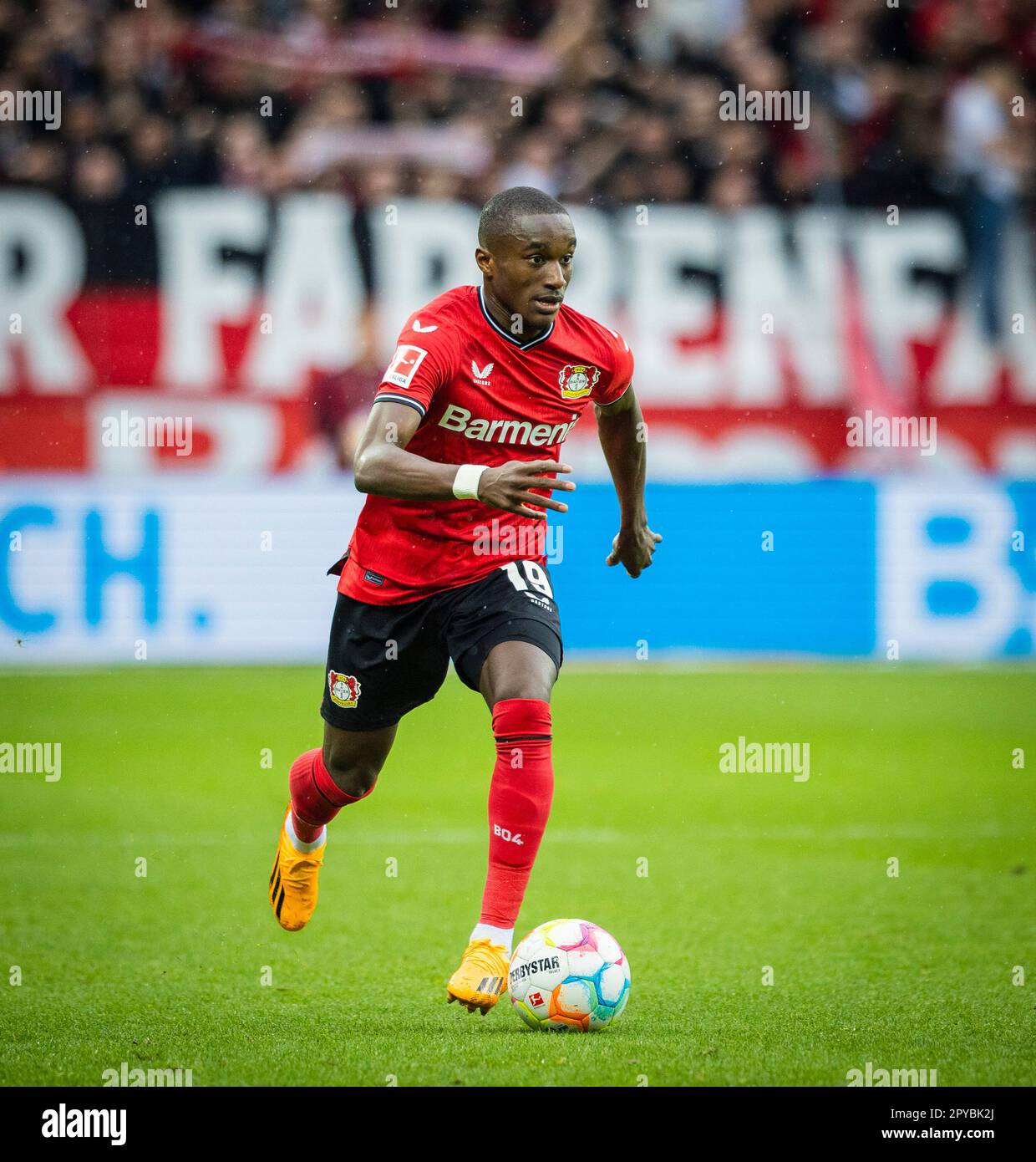 Leverkusen, Germany. 23rd Apr, 2023. Moussa Diaby (Leverkusen) Bayer