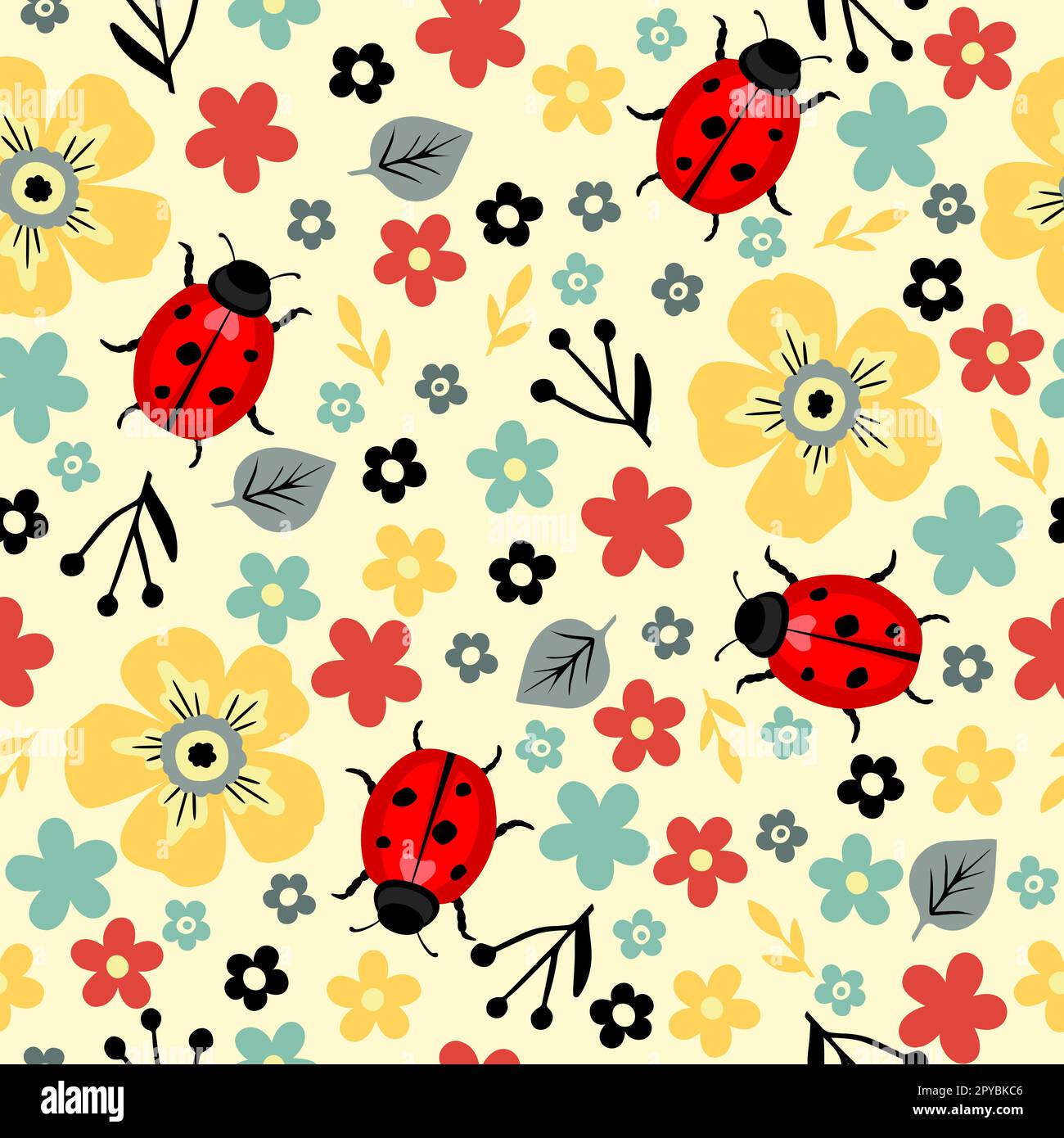 Seamless pattern with different cute flowers and ladybugs Stock Vector
