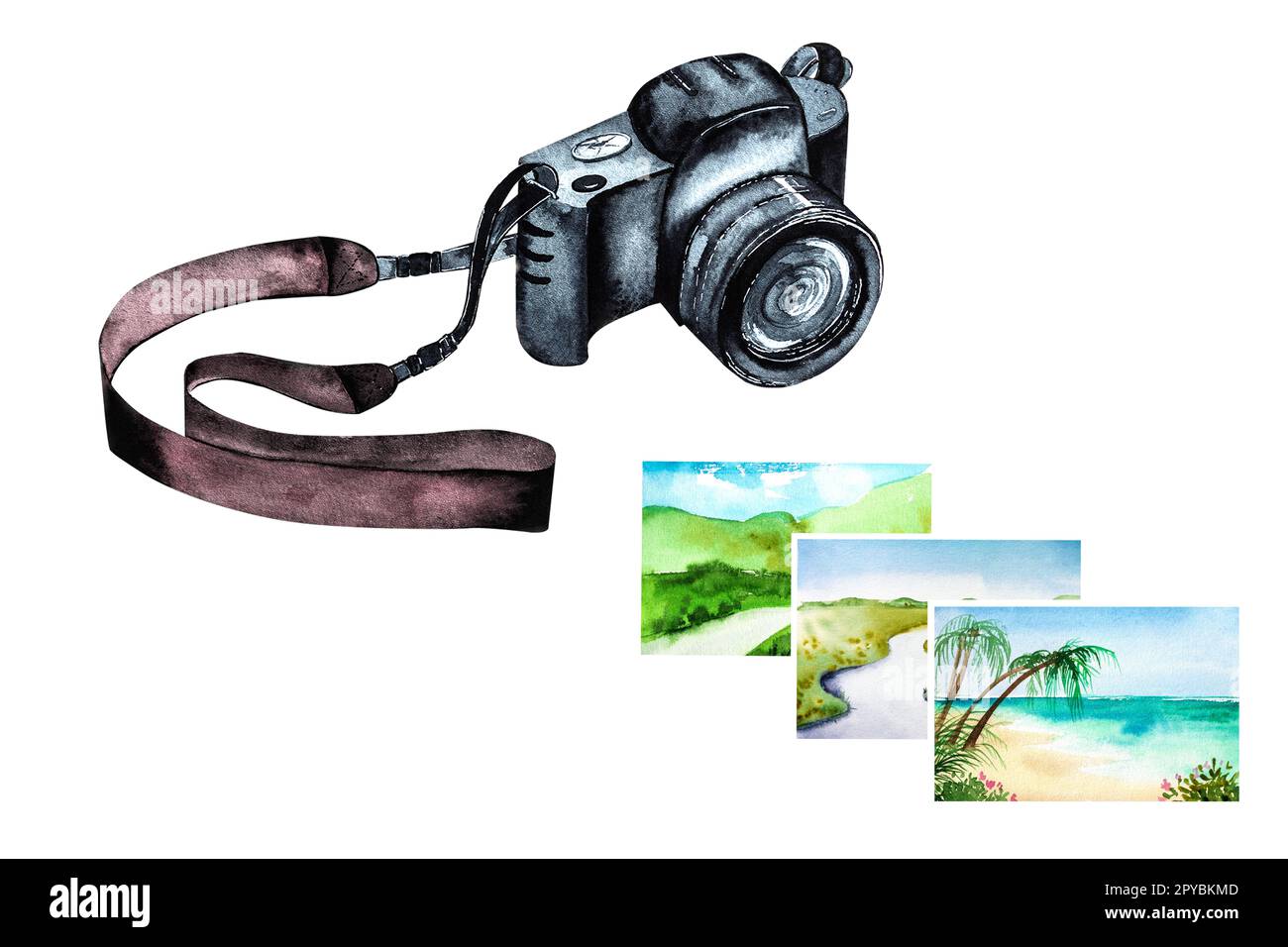 Watercolor illustration of a camera and photographs of landscapes