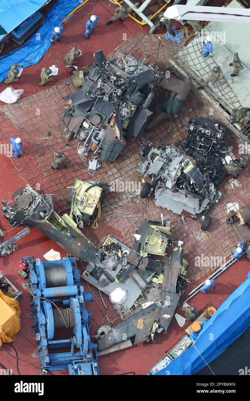 An aerial photo shows the wreckage of a sunken helicopter of the Japan ...