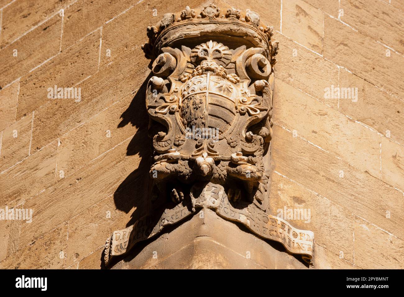 escudo familiar de Ramon de Saforteza i Pacs-Fuster , conocido como conde Mal,palacio de Can Formiguera,calle portella, Monumento Histórico-Artístico, Stock Photo