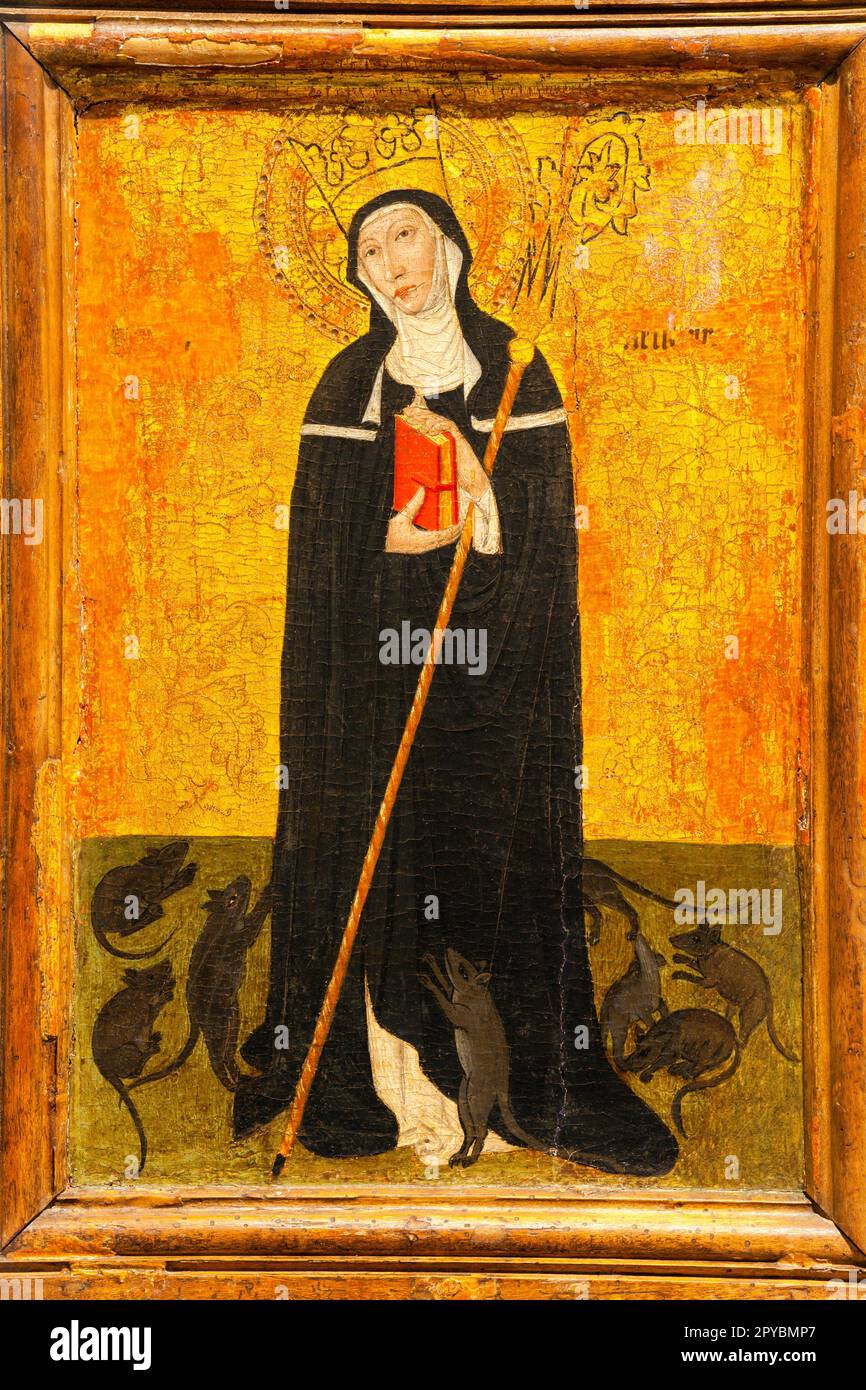 Saint Gertrude of Nivelle, invoked by farmers against the plague of rats, 1455-1459, Joan Rosetó, temple on wood,  Palau Episcopal, -Diocesà Museum of Stock Photo