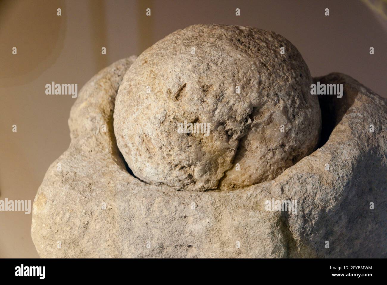 mortar, Son Fornes archaeological museum, talayotic period room (1300-123 a. C.), Montuiri,   Es Pla region, Mallorca, Spain Stock Photo