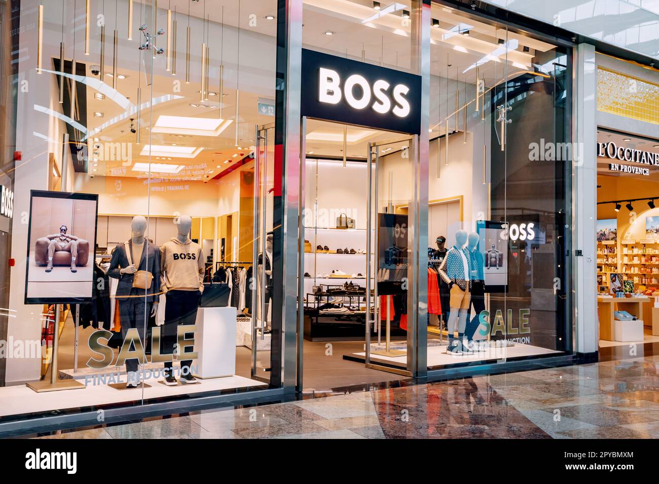 19 January 2023, Dubai, UAE: Famous chain fashion shop Boss entrance ...