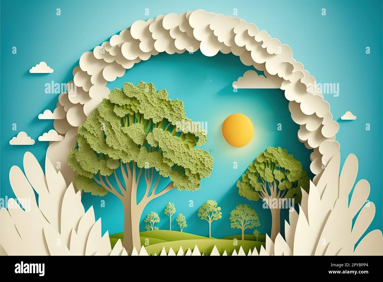 Beautiful fluffy cloud, blue sky background, summer sun, butterfly, green grass lawn, paper cut tree. Vector illustration. Eco friendly banner design, ecosystem concept Stock Photo