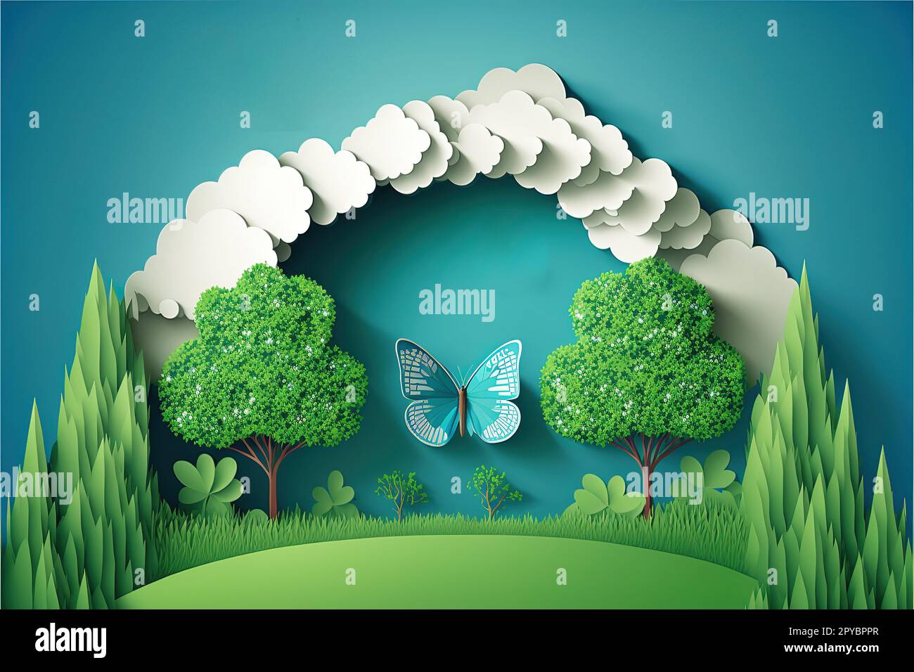 Beautiful fluffy cloud, blue sky background, summer sun, butterfly, green grass lawn, paper cut tree. Vector illustration. Eco friendly banner design, ecosystem concept Stock Photo