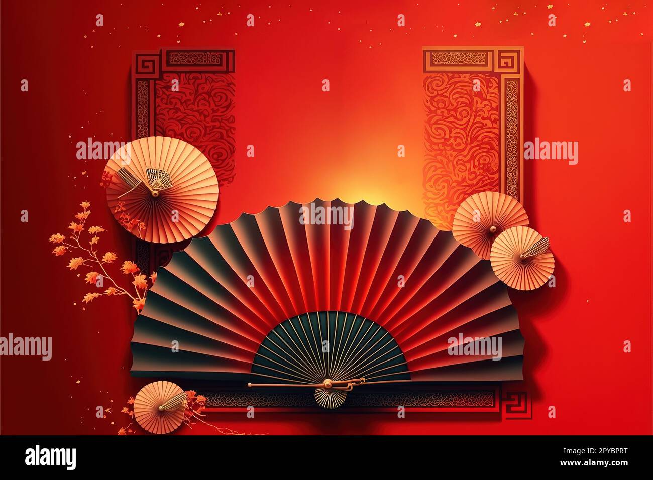 Classic new year design with paper fan and firecrackers on glittering red background, Chinese