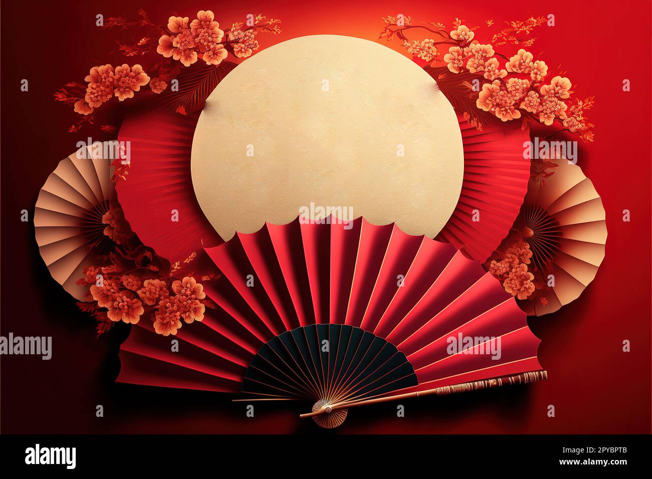 Classic new year design with paper fan and firecrackers on glittering red background, Chinese