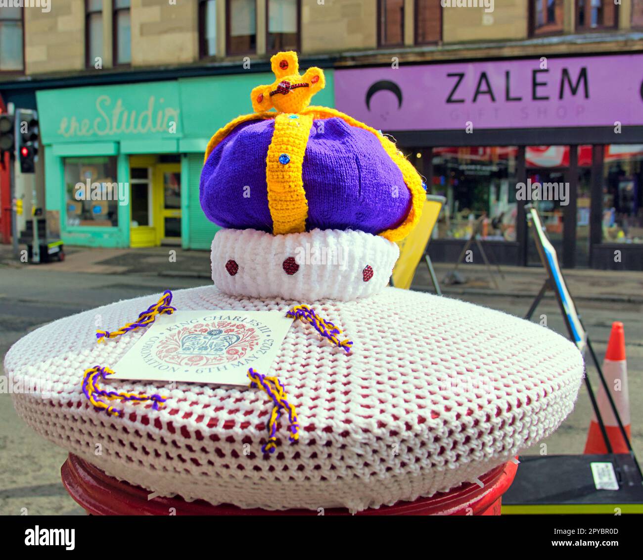 Glasgow, Scotland, UK 3rd May, 2023.  Non sectarian Coronation crown postbox outside thornwood post office in partick unusual not to have sectarian appendages. Credit Gerard Ferry/Alamy Live New Stock Photo