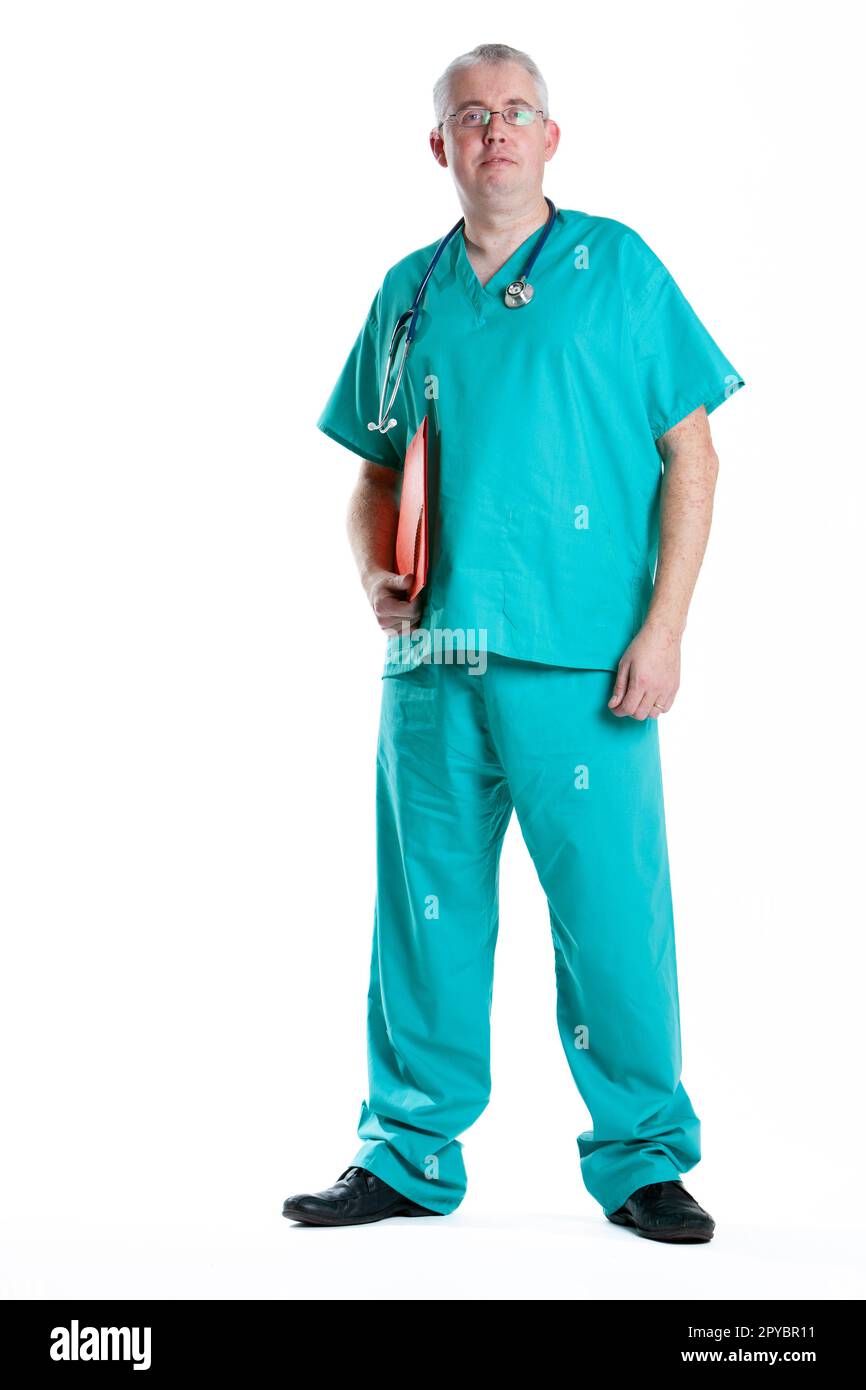 Health Professionals: Anaesthetist. Full length portrait of a medical worker in scrubs with a neutral expression. From a series of related images. Stock Photo