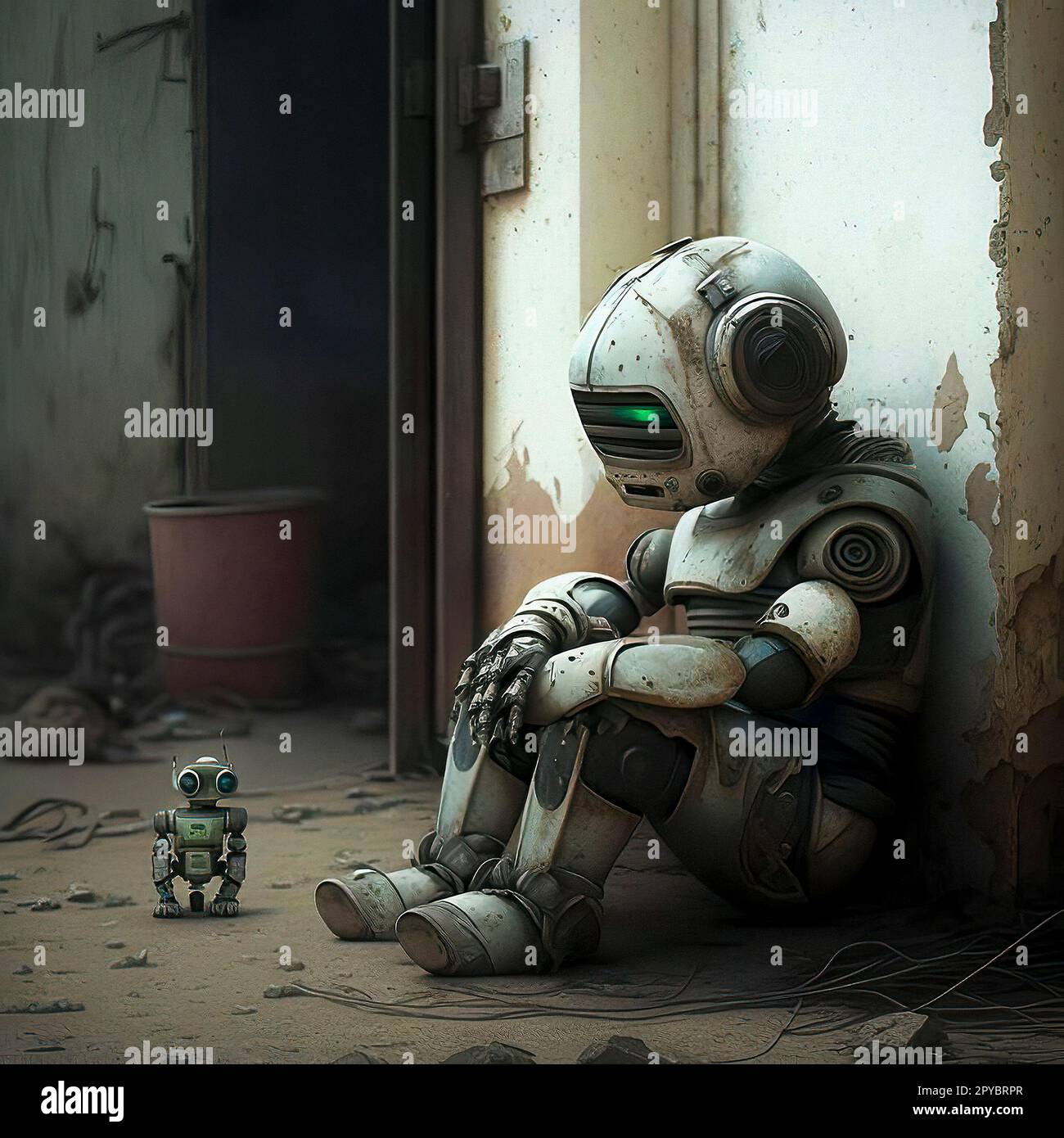 Dystopian Art Sad Robot Sitting on the Ground next to a Small Robot Stock Photo Alamy