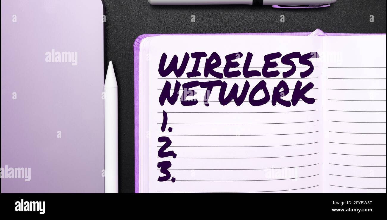 Text sign showing Wireless Network, Word for computer network that uses