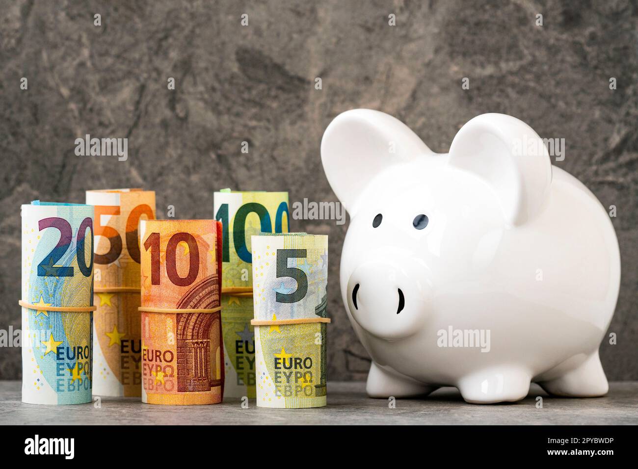 A piggy bank looking to the rolled euro banknotes Stock Photo