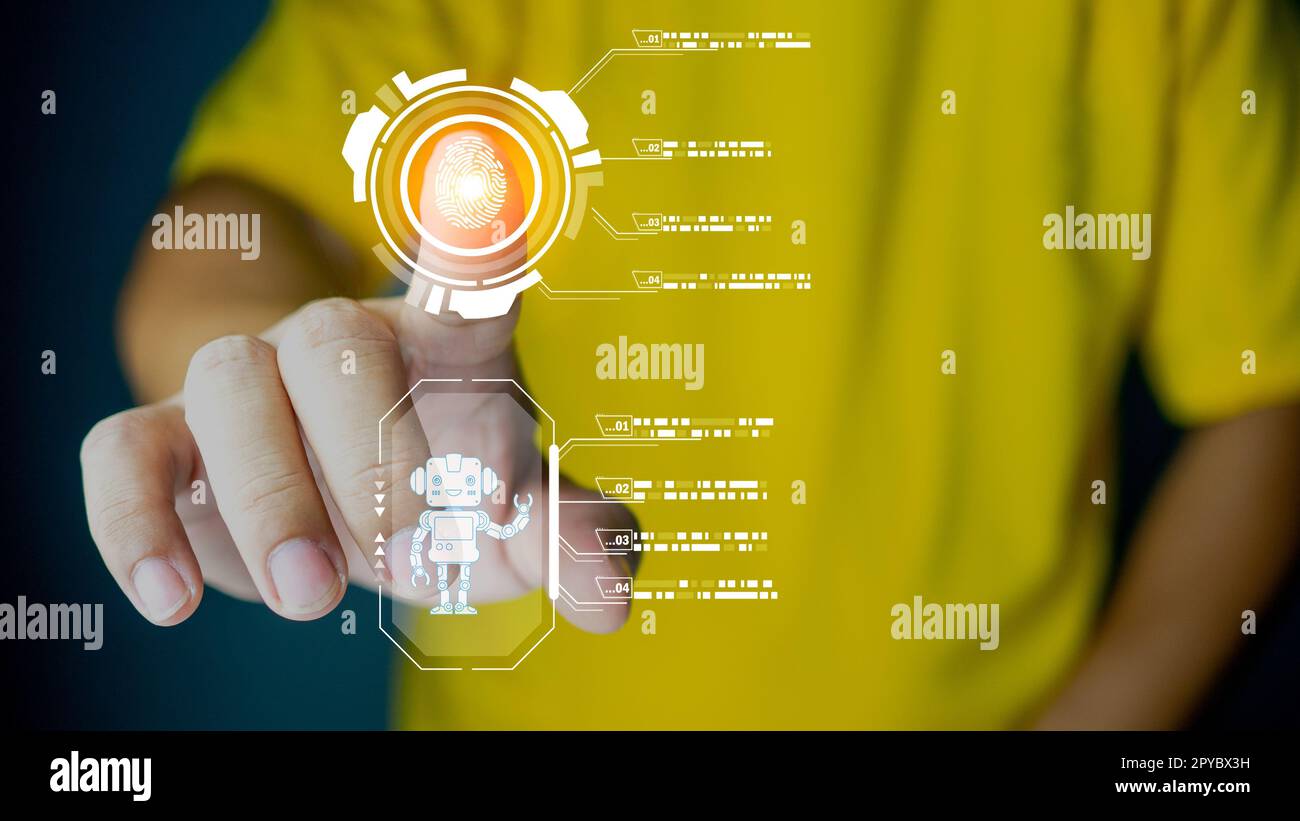 Human finger scanning the screen using AI for security Technology concept. Protection Stock Photo