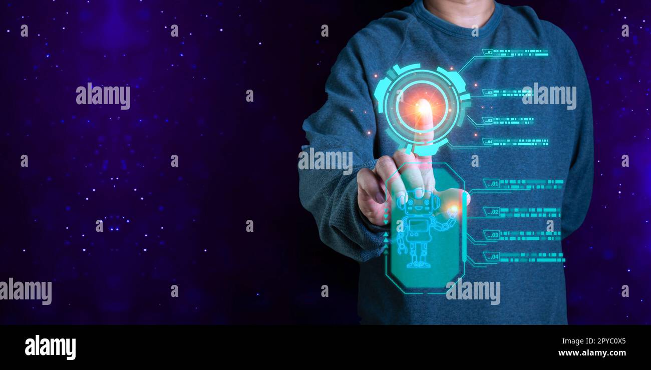 Man are working and bringing AI to help them work on computers. Stock Photo