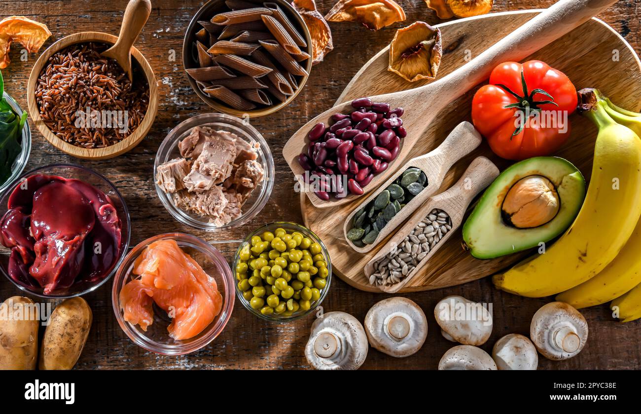 Composition with food products rich in niacin Stock Photo