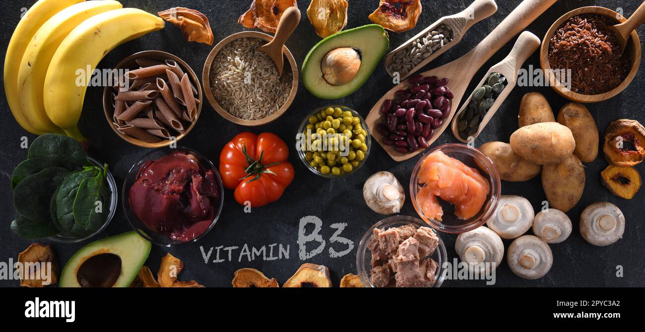 Composition with food products rich in niacin Stock Photo
