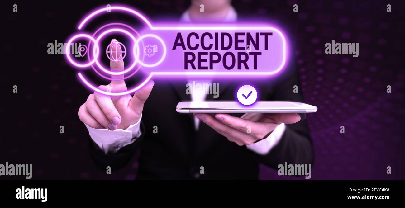 Text sign showing Accident Report. Business showcase A form that is filled out record details of an unusual event Stock Photo