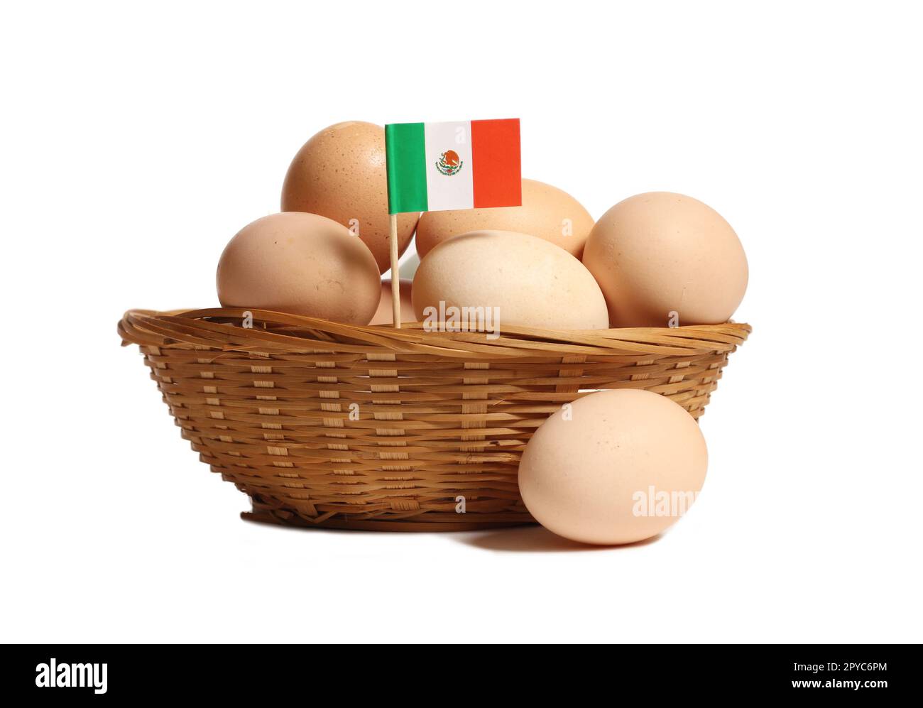 Basket of Farm Fresh Eggs Isolated on White Background Stock Photo