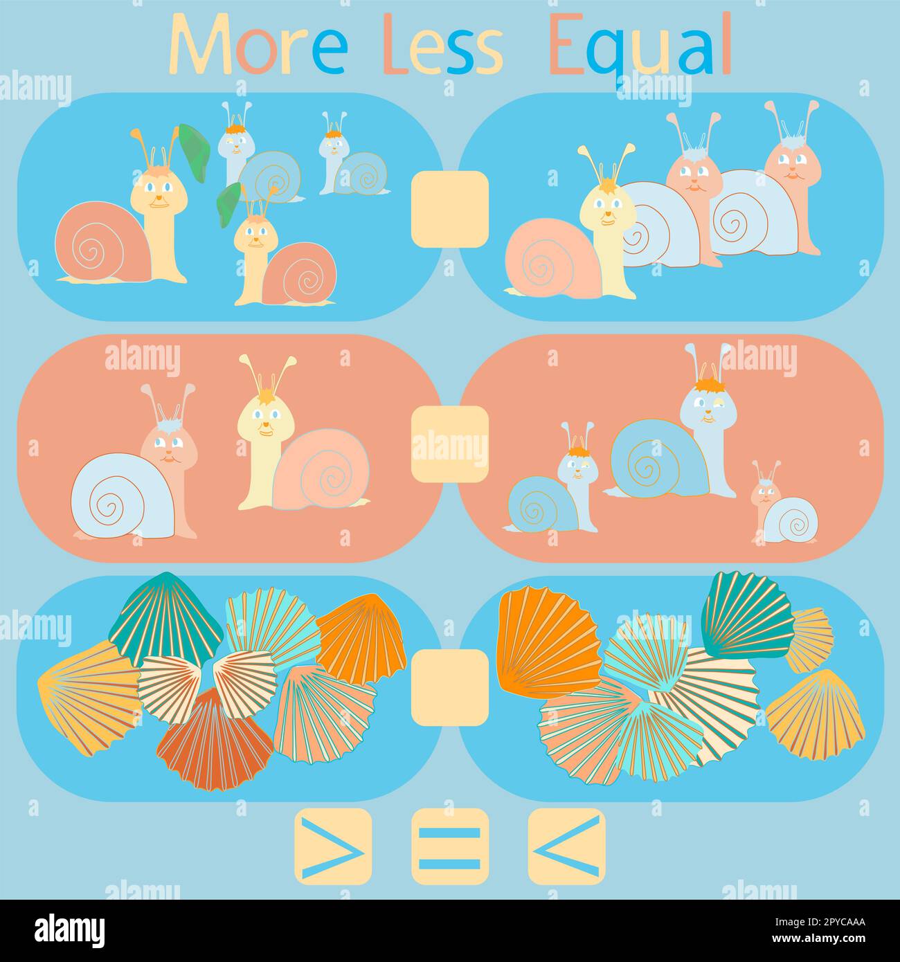 Shell Less Snails Pattern count the snails and shells in the picture and put a sign greater than ...