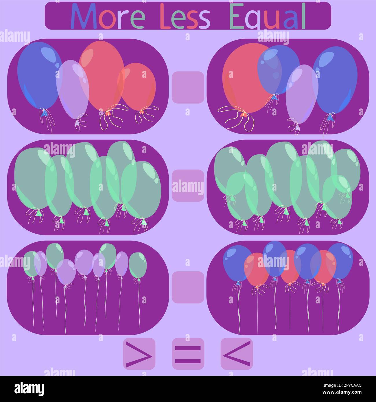 count the balloons in the picture and put a sign greater than, less than or equal to the rebus for children under 6 years old Stock Photo