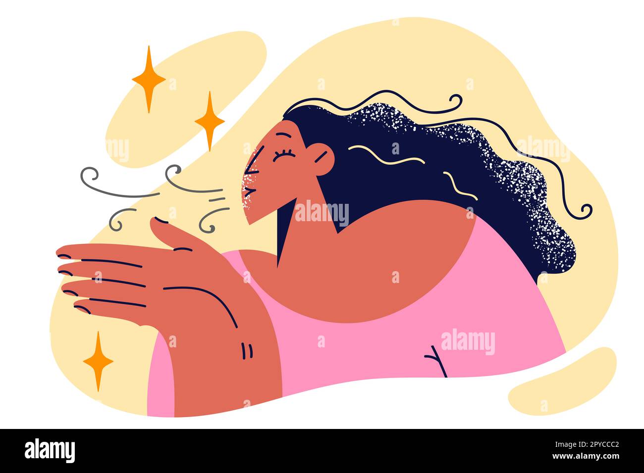 Woman does breathing exercise to support lung health and raises palm to face. Positive woman with long hair blowing on hands to warm up or enjoy pleas Stock Photo
