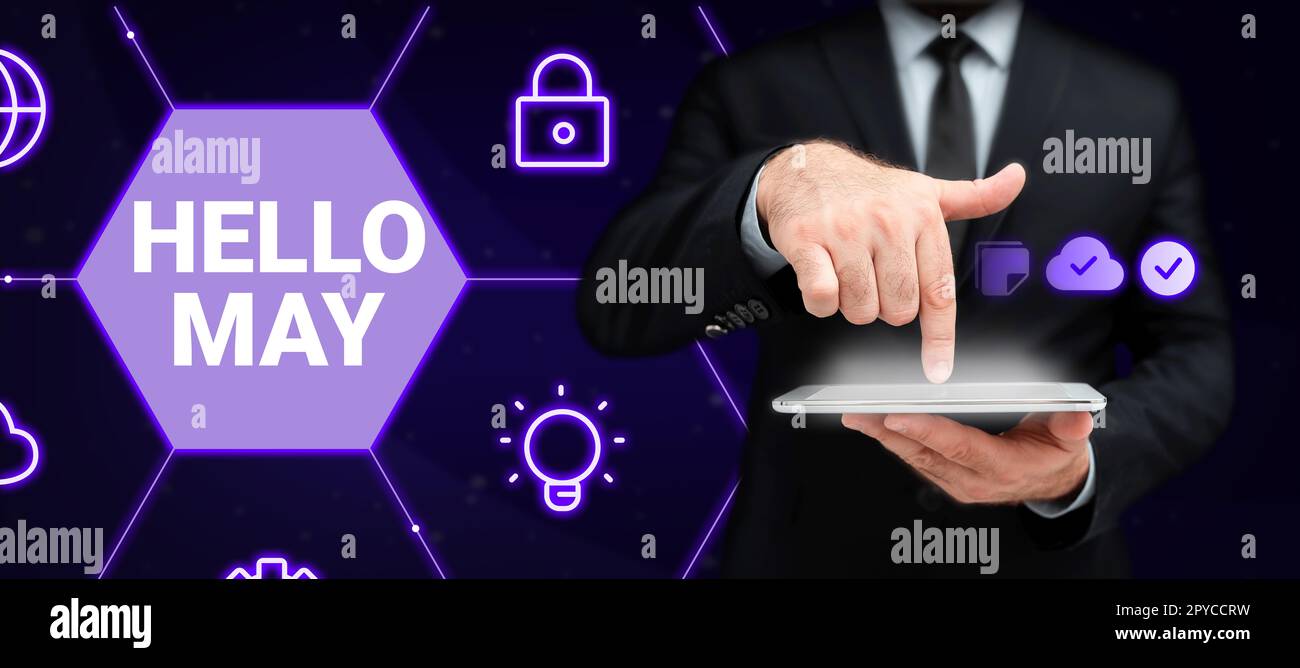Conceptual display Hello May. Business approach to address the fifth ...