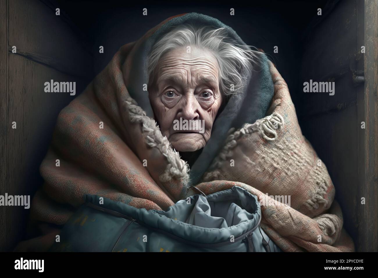 Old lady wrapped in a blanket to keep warm during a cold winter Stock