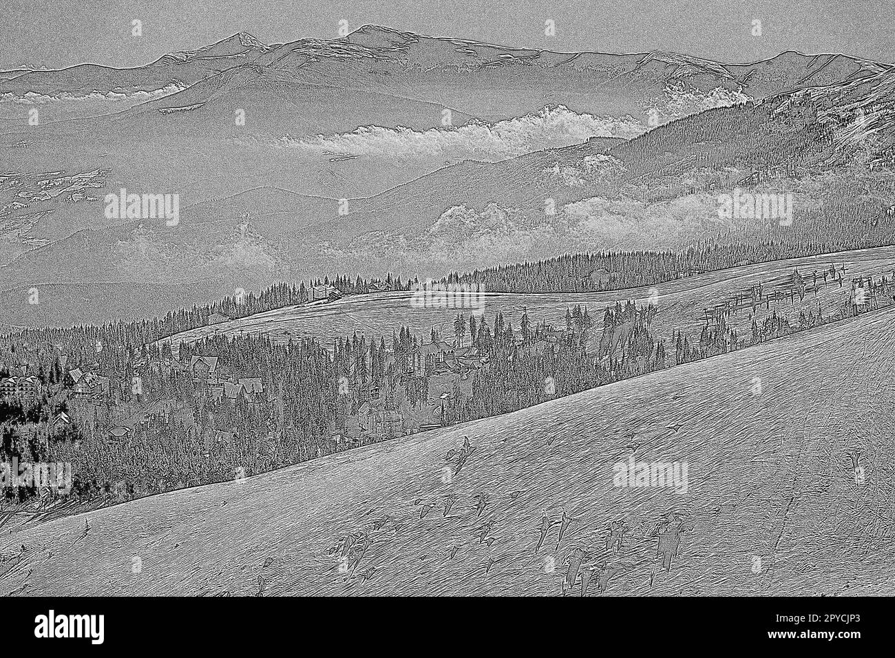 Carpathian mountain ski resort engraving hand drawn sketch Stock Photo