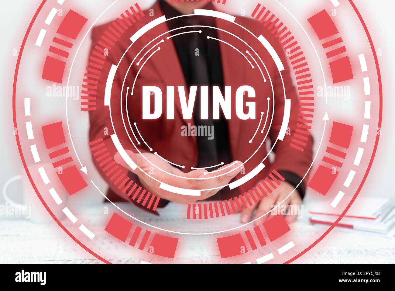 Conceptual display Diving. Business approach sport or activity of swimming into water using oxygen and suit Stock Photo