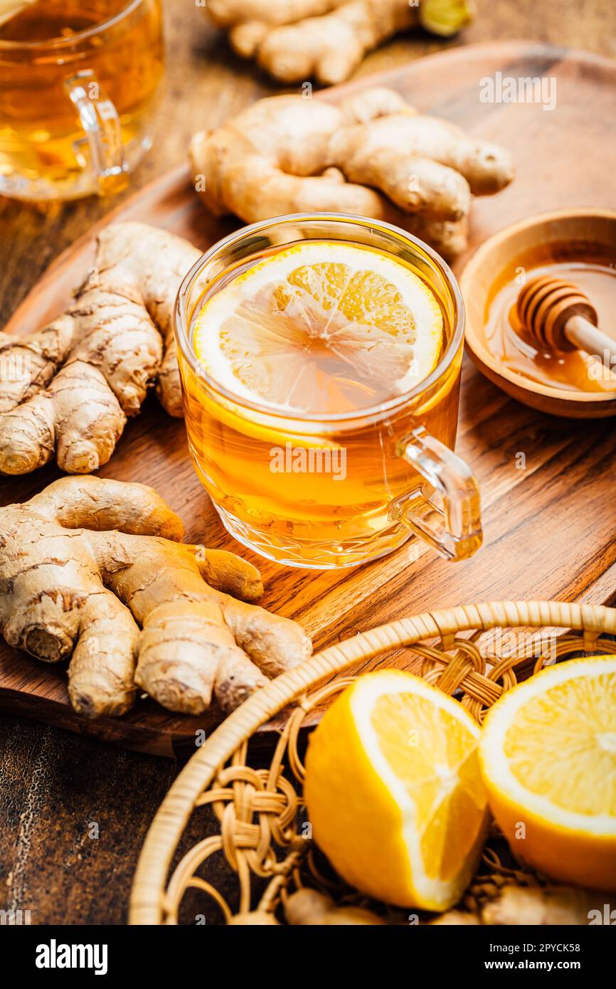 Ginger tea with lemon on a wooden table Stock Photo