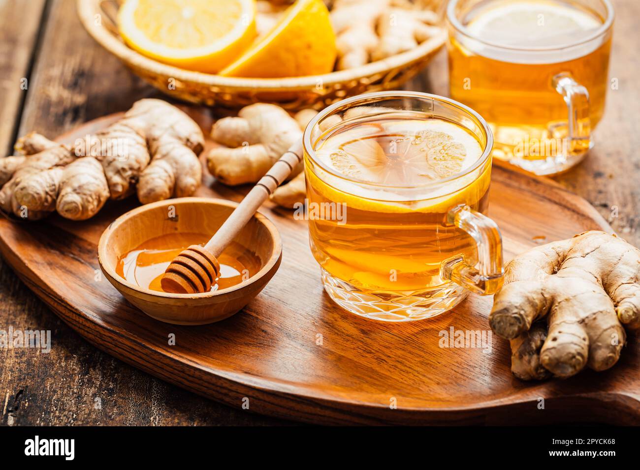 Ginger tea with lemon on a wooden table Stock Photo