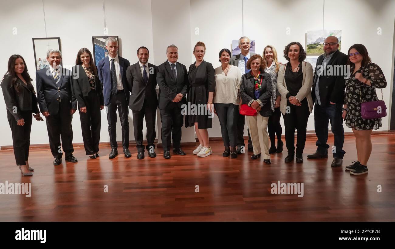 May 2, 2023, Izmir, Turkey, Turkey: On the occasion of the visit to Izmir H. E. Giorgio Marrapodi, Ambassador of Italy in Turkey, with the presence of the artists.Lorenzo Mariotti and Sissa Micheli an opening ceremony of an art exhibition, '' A journey to Italy from mountains to the sea '' was held in Izmir. H. E. Giorgio Marrapodi, Ambassador of Italy in Turkey and Valerio Giorgio, Consul of Italy in Izmir made a speech at the event. Artist Sissa Micheli highlights the theme of the war and the peace and confronts visitors not only with the beauty of the mountains in her art works. Artist Lore Stock Photo