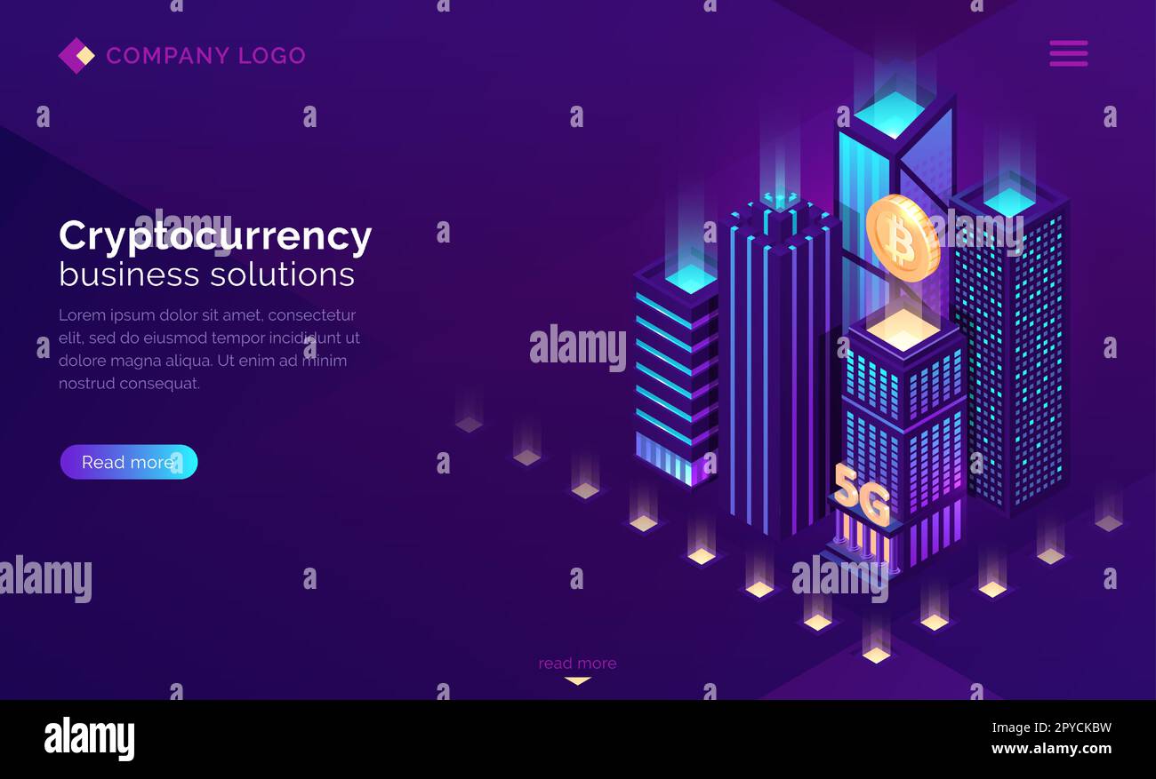 Cryptocurrency business solutions isometric landing page. Huge bitcoin  hanging above neon glowing skyscraper buildings, 5G mining blockchain  futuristic technology 3d vector illustration, web banner Stock Vector Image  & Art - Alamy