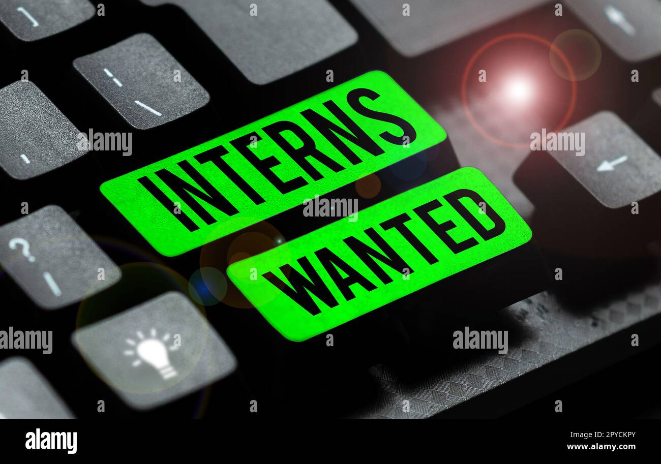 Handwriting text Interns Wanted. Conceptual photo Looking for on the job trainee Part time Working student Stock Photo