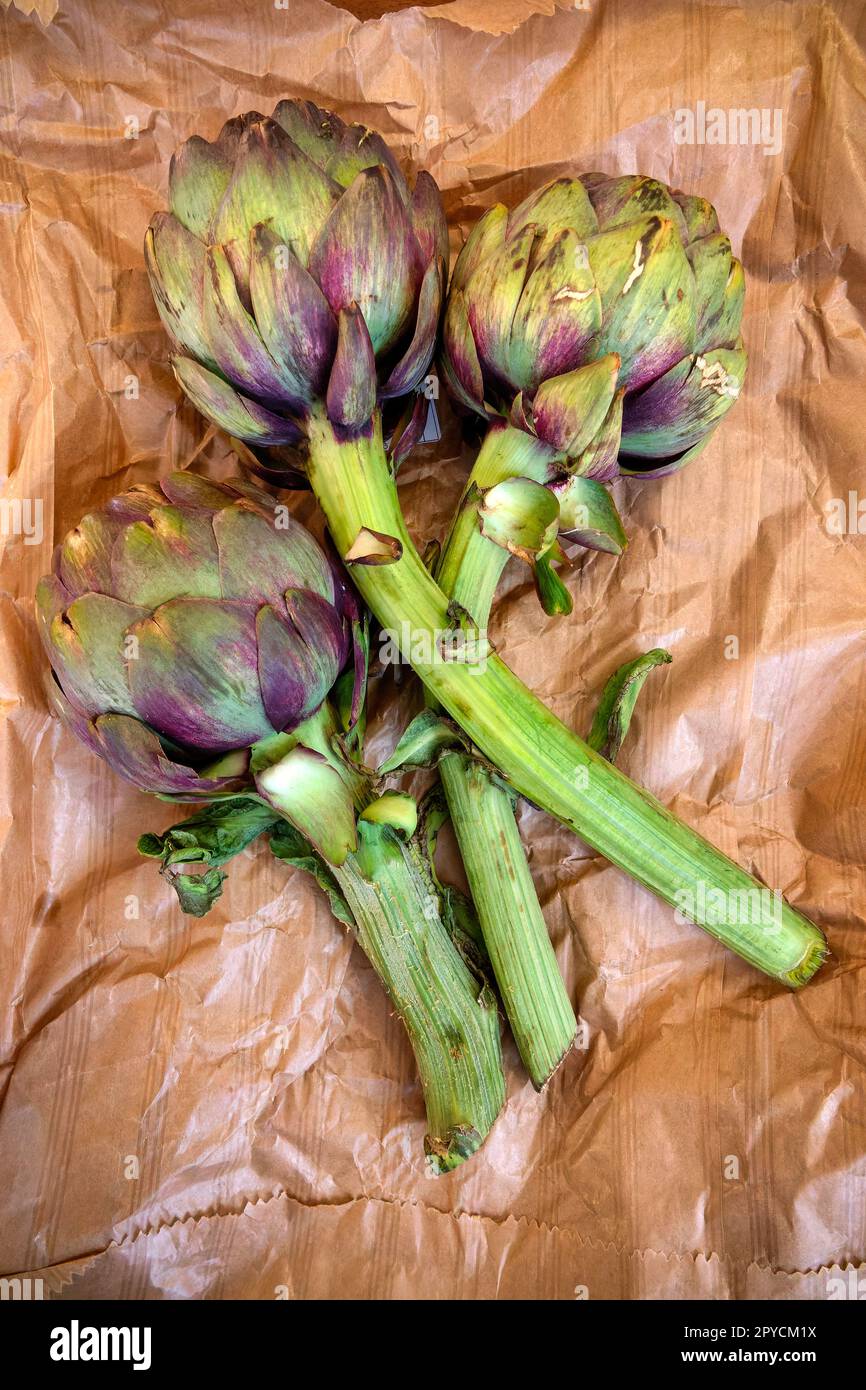 Three globe artichokes (Cynara cardunculus) Stock Photo