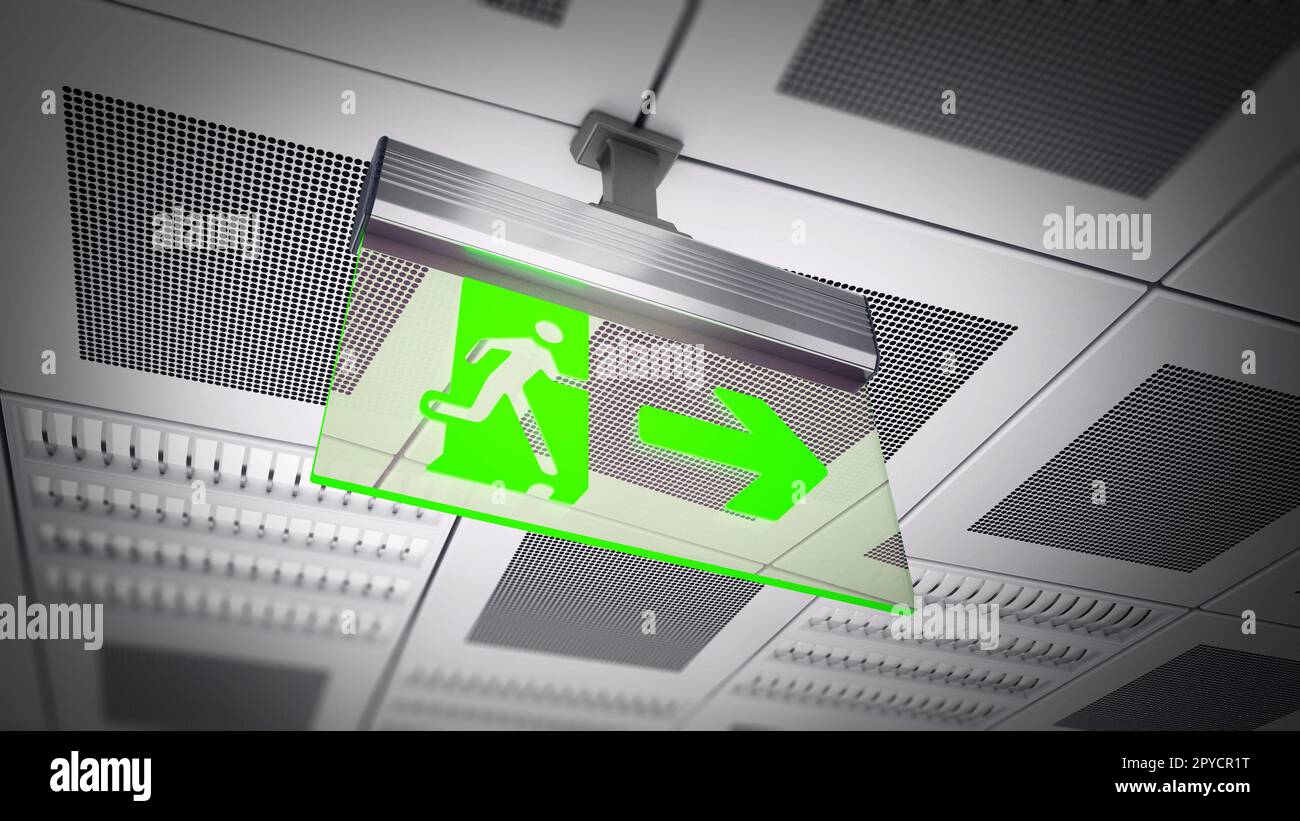 Exit sign hanging on suspended ceiling. 3D illustration Stock Photo Alamy